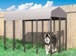 VEIKOU Dog Kennel Outdoor, 8' X 6' X 4' Dog Kennel Large, Dog Kennel W/Rotate Feeding Doors, Upgraded Canopy Dog Kennel For Yard W/Powder Coated Steel Frame