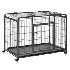 PawHut Folding Design Heavy Duty Metal Dog Cage Crate & Kennel With Removable Tray And Cover, & 4 Locking Wheels, Indoor/Outdoor 43"