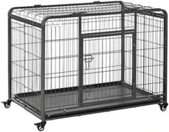 PawHut Folding Design Heavy Duty Metal Dog Cage Crate & Kennel With Removable Tray And Cover, & 4 Locking Wheels, Indoor/Outdoor 43" -Dog Supplies Store 51Uj92pBHzL. AC