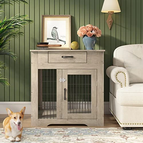 Dog Crate Furniture, Wooden Dog Cages House Pet Kennels With Double Doors And Drawer Indoor End Table Furniture For Medium Large Dog, 30" Grey 2 Dog Crate Furniture, Wooden Dog Cages House Pet Kennels With Double Doors And Drawer Indoor End Table Furniture For Medium Large Dog, 30" Grey - Image 2