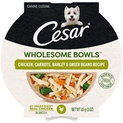 CESAR WHOLESOME BOWLS Adult Soft Wet Dog Food Toppers Chicken, Carrots, Barley & Green Beans Recipe, (10) 3 Oz. Bowls