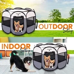 SereneLife ON-The-GO Foldable Portable Pet Tent 8-Panel Playpen For Dog & Cat W/Food/Water Bowl, Mesh, Pet House Indoor & Outdoor, Travel & Camping Pet Kennel Exercise Puppy Playground (Grey - Medium) -Dog Supplies Store 51XNDFnvAEL