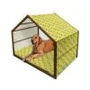 Lunarable Spring Wooden Dog House, Mediterranean Food Illustration Of Olives Branch And Leaves Foliage, Outdoor & Indoor Portable Dog Kennel With Pillow And Cover, X-Large, Yellow White And Black