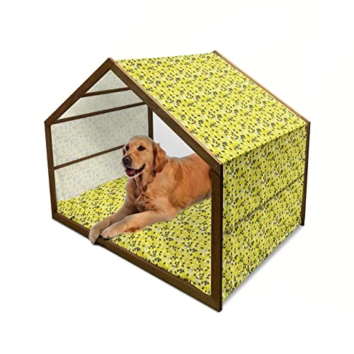 Lunarable Spring Wooden Dog House, Mediterranean Food Illustration Of Olives Branch And Leaves Foliage, Outdoor & Indoor Portable Dog Kennel With Pillow And Cover, X-Large, Yellow White And Black 1 Lunarable Spring Wooden Dog House, Mediterranean Food Illustration Of Olives Branch And Leaves Foliage, Outdoor & Indoor Portable Dog Kennel With Pillow And Cover, X-Large, Yellow White And Black