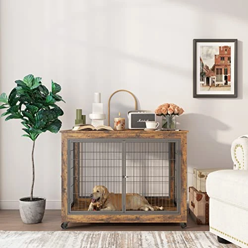 Voohek Furniture Style Dog Crate With Double Doors And Lift Top, Side Table On Wheels, 43.7’’w X 30’’d X 31.1’’h, Rustic Brown 3 Voohek Furniture Style Dog Crate With Double Doors And Lift Top, Side Table On Wheels, 43.7’’w X 30’’d X 31.1’’h, Rustic Brown - Image 3