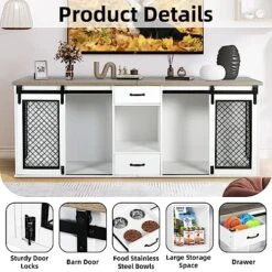 Extra Large Dog Crate Furniture, 85" Sliding Door Double Dog Kennel For 2 Large Dogs Divided, Heavy Duty Wooden Dog Crate Kennel Furniture With 4 Dog Bowls And Drawer For 2 Large Dogs Indoor, White