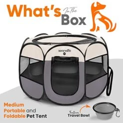 SereneLife ON-The-GO Foldable Portable Pet Tent 8-Panel Playpen For Dog & Cat W/Food/Water Bowl, Mesh, Pet House Indoor & Outdoor, Travel & Camping Pet Kennel Exercise Puppy Playground (Grey - Medium) -Dog Supplies Store 51bCgYMk4aL