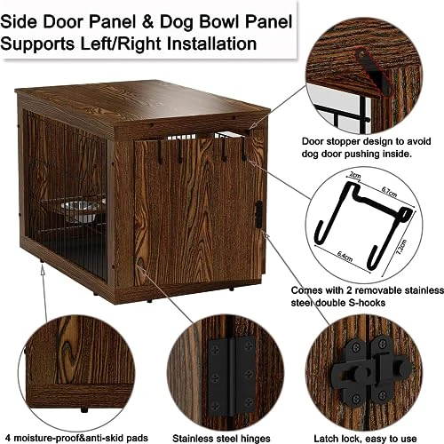 Piskyet Wooden Dog Crate Furniture With 360° Rotatable Removable Dog Bowls, Dog Crate End Table With Tray, Double Doors Dog Kennels Indoor For Small To Medium Dogs -Rustic Style 4 Piskyet Wooden Dog Crate Furniture With 360° Rotatable Removable Dog Bowls, Dog Crate End Table With Tray, Double Doors Dog Kennels Indoor For Small To Medium Dogs -Rustic Style - Image 4