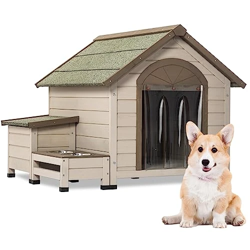 Outdoor Fir Wood Dog House With An Open Roof Large Elevated Dog Shelter With Storage Box/Elevated Feeding Station/2 Bowls/Weatherproof Asphalt Roof For Small Dogs And Medium To Large Cats 1 Outdoor Fir Wood Dog House With An Open Roof Large Elevated Dog Shelter With Storage Box/Elevated Feeding Station/2 Bowls/Weatherproof Asphalt Roof For Small Dogs And Medium To Large Cats