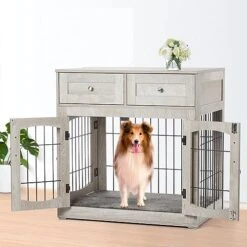 Dog Crate Furniture With Cushion,39" Large Wooden Dog Kennel Furniture With 2 Drawers,Left/Right Doors + Double Front Doors,for Medium Large Dogs,Dog Cage TV Stand Grey 39.4" L×23.6" W×40" H