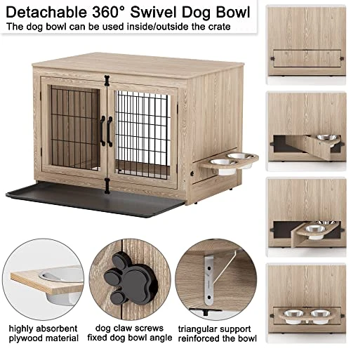 Piskyet Wooden Dog Crate Furniture With 360° Rotatable Removable Dog Bowls, Medium Dog Crate End Table With Tray, Double Doors Dog Kennels Indoor For Large Dogs - Texture Grey, 3 Piskyet Wooden Dog Crate Furniture With 360° Rotatable Removable Dog Bowls, Medium Dog Crate End Table With Tray, Double Doors Dog Kennels Indoor For Large Dogs - Texture Grey, - Image 3