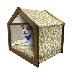 Ambesonne Yellow And White Wooden Pet House, Pineapples Tropical Climate Fruits Ripe Juicy Food, Indoor & Outdoor Portable Dog Kennel With Pillow And Cover, Small, Earth Yellow Green White