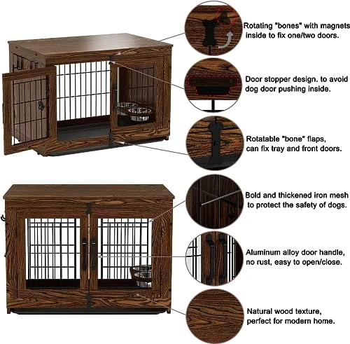 Piskyet Wooden Dog Crate Furniture With 360° Rotatable Removable Dog Bowls, Dog Crate End Table With Tray, Double Doors Dog Kennels Indoor For Small To Medium Dogs -Rustic Style 3 Piskyet Wooden Dog Crate Furniture With 360° Rotatable Removable Dog Bowls, Dog Crate End Table With Tray, Double Doors Dog Kennels Indoor For Small To Medium Dogs -Rustic Style - Image 3