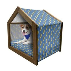 Ambesonne Pop Art Wooden Pet House, Hipster Banana Graphic Exotic Fruits Island Food Jungle Tropical Design, Outdoor & Indoor Portable Dog Kennel With Pillow And Cover, Large, Cobalt Blue Mustard