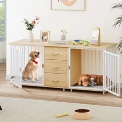 YITAHOME Large Dog Crate Furniture 74" Inch, Indoor Wooden Dog Kennel With Dog Feeders Bowls, 2-in-1 TV Stand, Endtable For 2 Large Medium Dogs, Walnut White