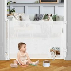 Retractable Baby Gate With Cat Door 55" Wide Baby Gate Indoor Retractable Dog Gate Outdoor Retractable Gate Pet Gates With Walk Through Door Gate Cat Gate For Doorway Baby Gate For Stairs, White