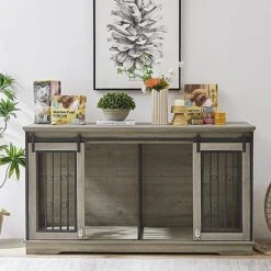 IchbinGo Large Dog Crate Furniture With Sliding Barn Door, 60.6" Wooden Dog Kennel Indoor Dog Crate With Divider, TV Stand XXL Dog Crate For Large Dog Or 2 Medium Dogs