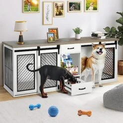 Extra Large Dog Crate Furniture, 85" Sliding Door Double Dog Kennel For 2 Large Dogs Divided, Heavy Duty Wooden Dog Crate Kennel Furniture With 4 Dog Bowls And Drawer For 2 Large Dogs Indoor, White 8 Extra Large Dog Crate Furniture, 85" Sliding Door Double Dog Kennel For 2 Large Dogs Divided, Heavy Duty Wooden Dog Crate Kennel Furniture With 4 Dog Bowls And Drawer For 2 Large Dogs Indoor, White -Dog Supplies Store 51kjD2PSFjL