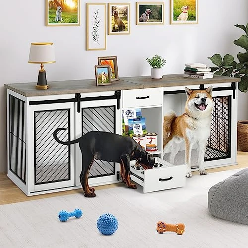 Extra Large Dog Crate Furniture, 85" Sliding Door Double Dog Kennel For 2 Large Dogs Divided, Heavy Duty Wooden Dog Crate Kennel Furniture With 4 Dog Bowls And Drawer For 2 Large Dogs Indoor, White 4 Extra Large Dog Crate Furniture, 85" Sliding Door Double Dog Kennel For 2 Large Dogs Divided, Heavy Duty Wooden Dog Crate Kennel Furniture With 4 Dog Bowls And Drawer For 2 Large Dogs Indoor, White - Image 4