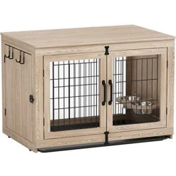 Piskyet Wooden Dog Crate Furniture With 360° Rotatable Removable Dog Bowls, Medium Dog Crate End Table With Tray, Double Doors Dog Kennels Indoor For Large Dogs - Texture Grey,