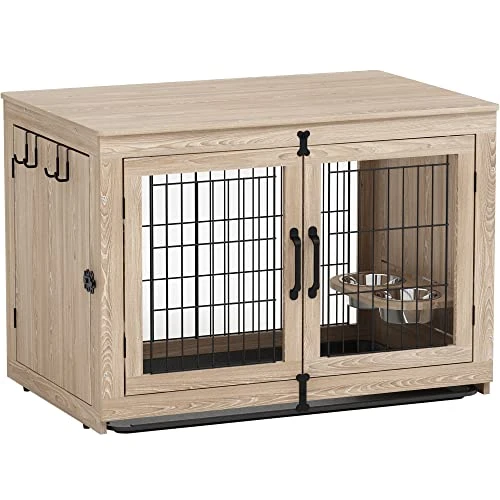Piskyet Wooden Dog Crate Furniture With 360° Rotatable Removable Dog Bowls, Medium Dog Crate End Table With Tray, Double Doors Dog Kennels Indoor For Large Dogs - Texture Grey, 1 Piskyet Wooden Dog Crate Furniture With 360° Rotatable Removable Dog Bowls, Medium Dog Crate End Table With Tray, Double Doors Dog Kennels Indoor For Large Dogs - Texture Grey,