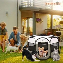 SereneLife ON-The-GO Foldable Portable Pet Tent 8-Panel Playpen For Dog & Cat W/Food/Water Bowl, Mesh, Pet House Indoor & Outdoor, Travel & Camping Pet Kennel Exercise Puppy Playground (Grey - Medium) -Dog Supplies Store 51lxxCVp5ZL