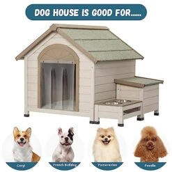 Outdoor Wood Dog House With Bowls: Weatherproof Wooden Dog Shelter With Water Bowl & Food Bowl - Outside Open Roof Dog House With Storage Box- Suitable For Small To Medium Size Dog -Dog Supplies Store 51nJGqJvNXL
