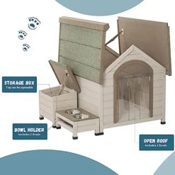 Outdoor Fir Wood Dog House With An Open Roof Large Elevated Dog Shelter With Storage Box/Elevated Feeding Station/2 Bowls/Weatherproof Asphalt Roof For Small Dogs And Medium To Large Cats 9 Outdoor Fir Wood Dog House With An Open Roof Large Elevated Dog Shelter With Storage Box/Elevated Feeding Station/2 Bowls/Weatherproof Asphalt Roof For Small Dogs And Medium To Large Cats -Dog Supplies Store 51pbcRe9XzL