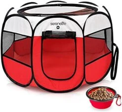 SereneLife ON-The-GO Foldable Portable Pet Tent 8-Panel Playpen For Dog & Cat W/Food/Water Bowl, Mesh, Pet House Indoor & Outdoor, Travel & Camping Pet Kennel Exercise Puppy Playground (Grey - Medium) -Dog Supplies Store 51r9rk7DUJL. AC 1