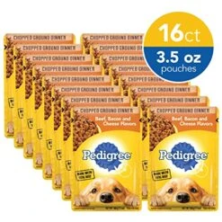 PEDIGREE CHOPPED GROUND DINNER Adult Soft Wet Dog Food, Beef, Bacon & Cheese Flavors, 3.5 Oz Pouches, 16 Pack -Dog Supplies Store 51t2ciR5cvL