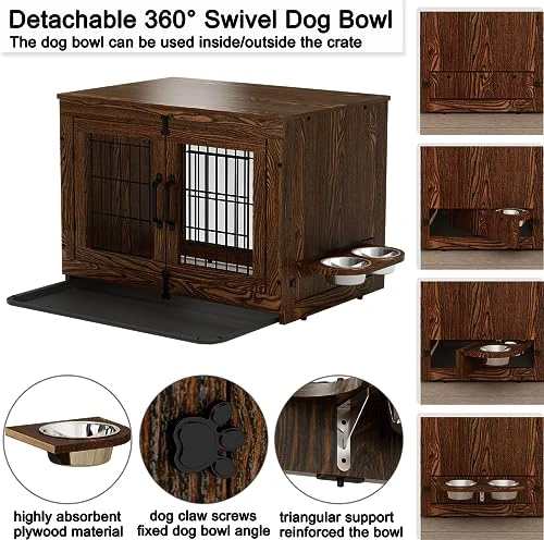 Piskyet Wooden Dog Crate Furniture With 360° Rotatable Removable Dog Bowls, Dog Crate End Table With Tray, Double Doors Dog Kennels Indoor For Small To Medium Dogs -Rustic Style 2 Piskyet Wooden Dog Crate Furniture With 360° Rotatable Removable Dog Bowls, Dog Crate End Table With Tray, Double Doors Dog Kennels Indoor For Small To Medium Dogs -Rustic Style - Image 2