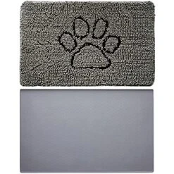 Gorilla Grip Chenille Doormat And Silicone Pet Feeding Mat, Door Mat Size 36x24 Rubber, Dog Food Mats Size 16x10 Waterproof, Both In Gray, 2 Item Bundle
