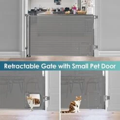 Baby Gate With Cat Door Walk Through 55" Wide Retractable Baby Gates Indoor Retractable Dog Gate Outdoor Pet Gate With Cat Door Gates For Pets Cat Gate For Doorway Dog Gates For The House, Gray -Dog Supplies Store 51vqQFukS6L