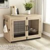 Piskyet Wooden Dog Crate Furniture With 360° Rotatable Removable Dog Bowls, Medium Dog Crate End Table With Tray, Double Doors Dog Kennels Indoor For Small Dogs - Texture Grey, 38 Inch