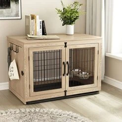Piskyet Wooden Dog Crate Furniture With 360° Rotatable Removable Dog Bowls, Medium Dog Crate End Table With Tray, Double Doors Dog Kennels Indoor For Small Dogs - Texture Grey, 38 Inch