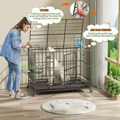 ROOMTEC 49 Inch Heavy Duty Dog Crate Cage Kennel With Wheels / 360° & Adjustable 2 Alloy Bowls/Unique Air Lift Rod/Sturdy Locks Design, Double Door And Removable Tray, Extra Large XL XXL Dog -Dog Supplies Store 51wbjuKtqVL