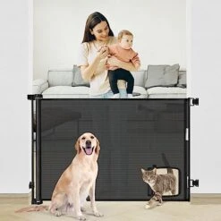 Retractable Dog Gate With Cat Door 55” Wide Retractable Baby Gate With Pet Door 35” Tall Indoor Outdoor Mesh Pet Gate For Cats/Small Dogs Child Safety Gate For Stairs, Doorways, Deck (Grey) -Dog Supplies Store 51wsSDQcwAL. AC