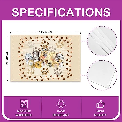 Kawaii Dogs Table Mats,Retro Puppy Oil Painting Lovely Pet Home Party Decor Meal Mats,Watercolor Dog Paw Print Cute Animals Stain Resistant Non-Slip Placemats 12x18 Set Of 4 3 Kawaii Dogs Table Mats,Retro Puppy Oil Painting Lovely Pet Home Party Decor Meal Mats,Watercolor Dog Paw Print Cute Animals Stain Resistant Non-Slip Placemats 12x18 Set Of 4 - Image 3