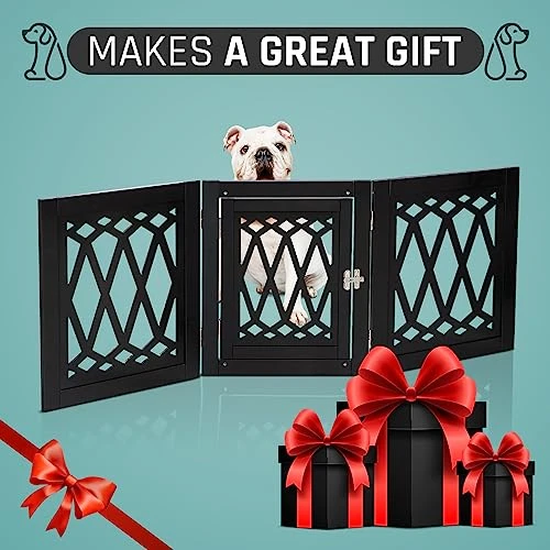 Bundaloo Freestanding Dog Gate With Door Expandable Decorative Wooden Fence For Small To Medium Pet Dogs, Barrier For Stairs, Doorways, & Hallways (Black Diamond) 4 Bundaloo Freestanding Dog Gate With Door Expandable Decorative Wooden Fence For Small To Medium Pet Dogs, Barrier For Stairs, Doorways, & Hallways (Black Diamond) - Image 4