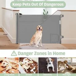 Retractable Dog Gate With Cat Door 55” Wide Retractable Baby Gate With Pet Door 35” Tall Indoor Outdoor Mesh Pet Gate For Cats/Small Dogs Child Safety Gate For Stairs, Doorways, Deck (Grey) -Dog Supplies Store 51yqw57zupL