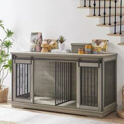 IchbinGo Large Dog Crate Furniture With Sliding Barn Door, 60.6" Wooden Dog Kennel Indoor Dog Crate With Divider, TV Stand XXL Dog Crate For Large Dog Or 2 Medium Dogs -Dog Supplies Store 51yrTPshL. AC