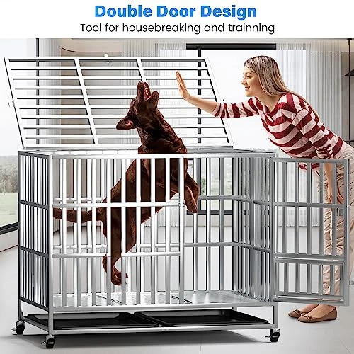 42 Inch Heavy Duty Dog Crates For Large Dogs, Stainless Steel Indestructible Large Dog Kennel Indoor, XL Large Dog Crate Cage With Lockable Rolling Wheels, Double Door And Removable Tray 2 42 Inch Heavy Duty Dog Crates For Large Dogs, Stainless Steel Indestructible Large Dog Kennel Indoor, XL Large Dog Crate Cage With Lockable Rolling Wheels, Double Door And Removable Tray - Image 2