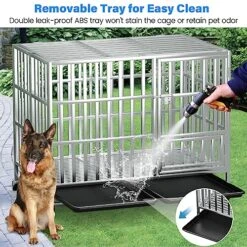 42 Inch Heavy Duty Dog Crates For Large Dogs, Stainless Steel Indestructible Large Dog Kennel Indoor, XL Large Dog Crate Cage With Lockable Rolling Wheels, Double Door And Removable Tray
