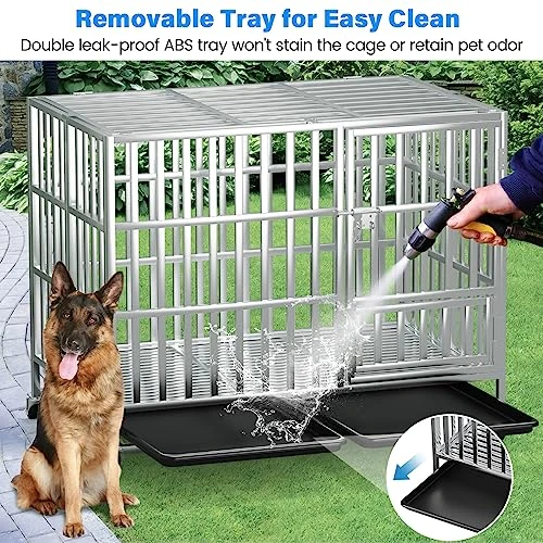 42 Inch Heavy Duty Dog Crates For Large Dogs, Stainless Steel Indestructible Large Dog Kennel Indoor, XL Large Dog Crate Cage With Lockable Rolling Wheels, Double Door And Removable Tray 1 42 Inch Heavy Duty Dog Crates For Large Dogs, Stainless Steel Indestructible Large Dog Kennel Indoor, XL Large Dog Crate Cage With Lockable Rolling Wheels, Double Door And Removable Tray