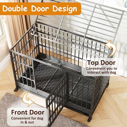 Tuanlove 48" Dog Crate Heavy Duty Indestructible Dog Crate, High Anxiety Dog Crate With Lockable Wheels Double Doors & Locks Design, Removable Tray Design, Upgraded (Silver) 3 Tuanlove 48" Dog Crate Heavy Duty Indestructible Dog Crate, High Anxiety Dog Crate With Lockable Wheels Double Doors & Locks Design, Removable Tray Design, Upgraded (Silver) - Image 3