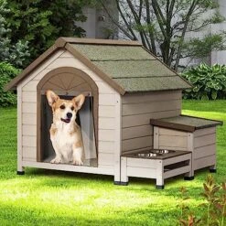 Dog Kennel Indoor Outdoor, Dog House, Wood Dog House With Weatherproof Roof, Storage Box, Feeding Station & 2 Bowls